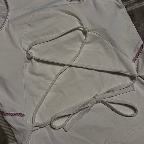 Adidas White Athletic Tank w/ Purple Trim & Lace-Up Back – Sporty & Stylish - Picture 2 of 5